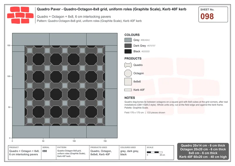Interlock (Pasco) 20x14 cm · QUA-098 · Quadro-Octagon-8x8 grid, uniform roles (Graphite Scale), Kerb 40F kerb · Laying plan