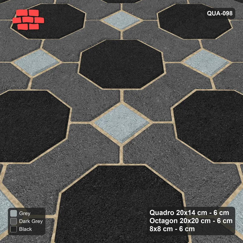Interlock (Pasco) 20x14 cm · QUA-098 · Quadro-Octagon-8x8 grid, uniform roles (Graphite Scale), Kerb 40F kerb · Side view Interlock (Pasco) 20x14 cm · QUA-098 · Quadro-Octagon-8x8 grid, uniform roles (Graphite Scale), Kerb 40F kerb · Side view