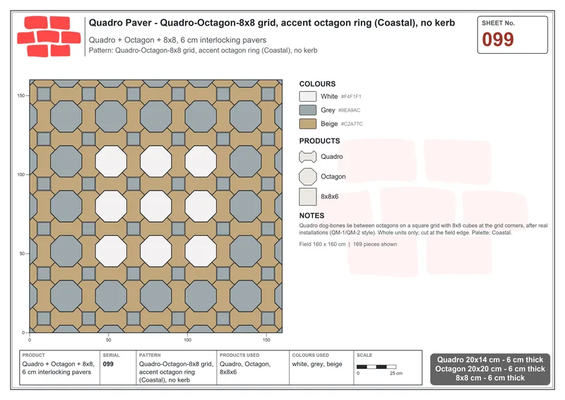 Interlock (Pasco) 20x14 cm · QUA-099 · Quadro-Octagon-8x8 grid, accent octagon ring (Coastal), no kerb · Laying plan
