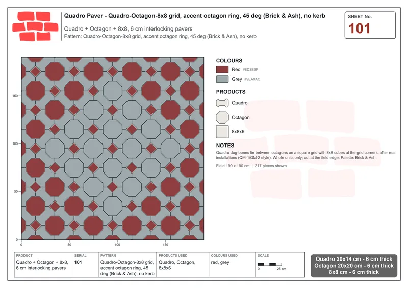 Interlock (Pasco) 20x14 cm · QUA-101 · Quadro-Octagon-8x8 grid, accent octagon ring, 45 deg (Brick & Ash), no kerb · Laying plan