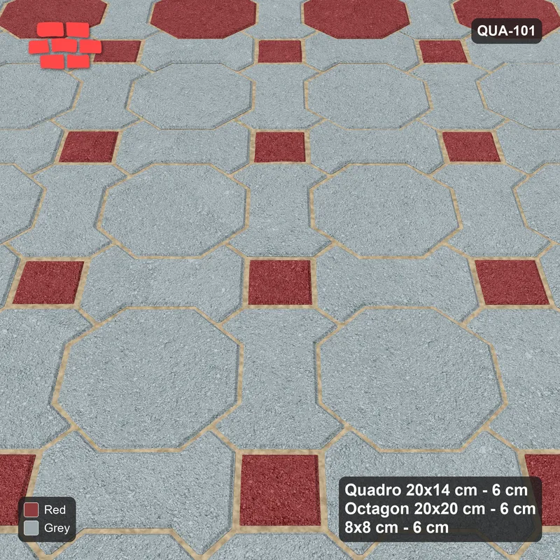 Interlock (Pasco) 20x14 cm · QUA-101 · Quadro-Octagon-8x8 grid, accent octagon ring, 45 deg (Brick & Ash), no kerb · Side view Interlock (Pasco) 20x14 cm · QUA-101 · Quadro-Octagon-8x8 grid, accent octagon ring, 45 deg (Brick & Ash), no kerb · Side view