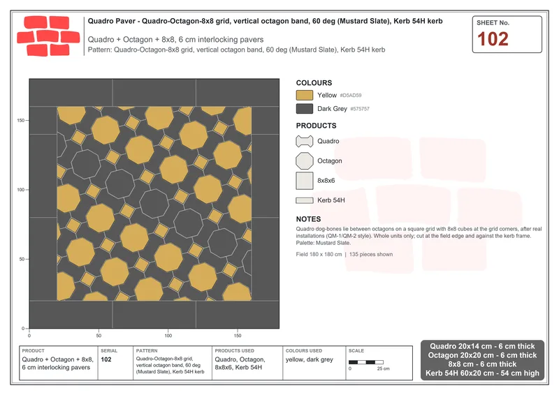 Interlock (Pasco) 20x14 cm · QUA-102 · Quadro-Octagon-8x8 grid, vertical octagon band, 60 deg (Mustard Slate), Kerb 54H kerb · Laying plan