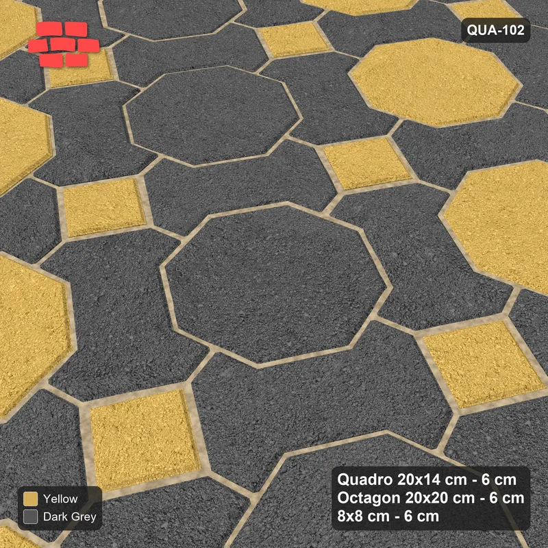 Interlock (Pasco) 20x14 cm · QUA-102 · Quadro-Octagon-8x8 grid, vertical octagon band, 60 deg (Mustard Slate), Kerb 54H kerb · Side view Interlock (Pasco) 20x14 cm · QUA-102 · Quadro-Octagon-8x8 grid, vertical octagon band, 60 deg (Mustard Slate), Kerb 54H kerb · Side view
