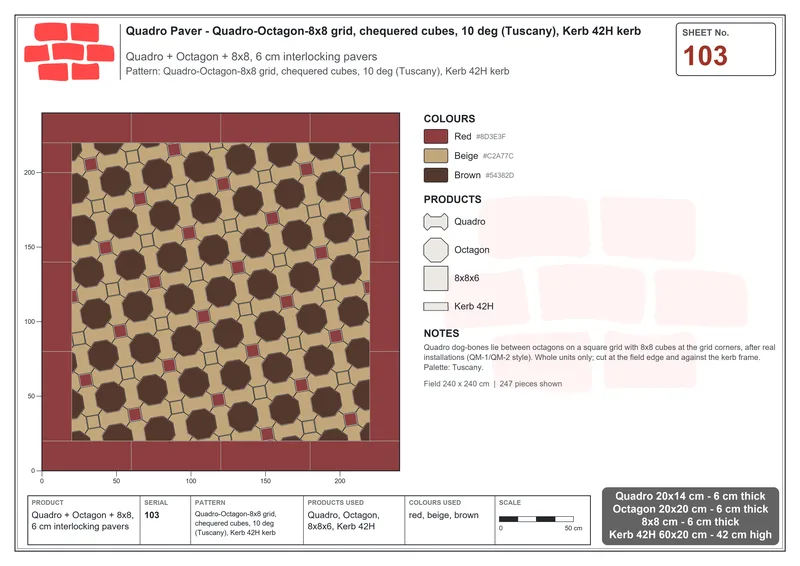 Interlock (Pasco) 20x14 cm · QUA-103 · Quadro-Octagon-8x8 grid, chequered cubes, 10 deg (Tuscany), Kerb 42H kerb · Laying plan