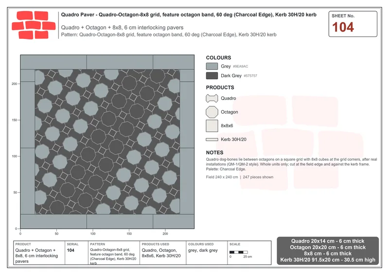 Interlock (Pasco) 20x14 cm · QUA-104 · Quadro-Octagon-8x8 grid, feature octagon band, 60 deg (Charcoal Edge), Kerb 30H/20 kerb · Laying plan