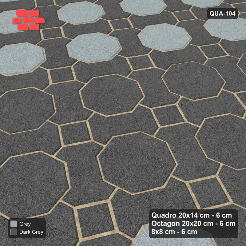 Interlock (Pasco) 20x14 cm · QUA-104 · Quadro-Octagon-8x8 grid, feature octagon band, 60 deg (Charcoal Edge), Kerb 30H/20 kerb · Side view Interlock (Pasco) 20x14 cm · QUA-104 · Quadro-Octagon-8x8 grid, feature octagon band, 60 deg (Charcoal Edge), Kerb 30H/20 kerb · Side view