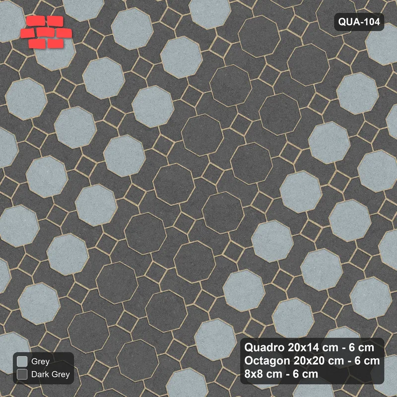 Interlock (Pasco) 20x14 cm · QUA-104 · Quadro-Octagon-8x8 grid, feature octagon band, 60 deg (Charcoal Edge), Kerb 30H/20 kerb · Top view Interlock (Pasco) 20x14 cm · QUA-104 · Quadro-Octagon-8x8 grid, feature octagon band, 60 deg (Charcoal Edge), Kerb 30H/20 kerb · Top view