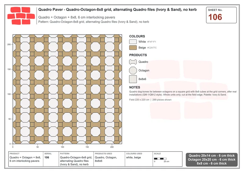 Interlock (Pasco) 20x14 cm · QUA-106 · Quadro-Octagon-8x8 grid, alternating Quadro files (Ivory & Sand), no kerb · Laying plan