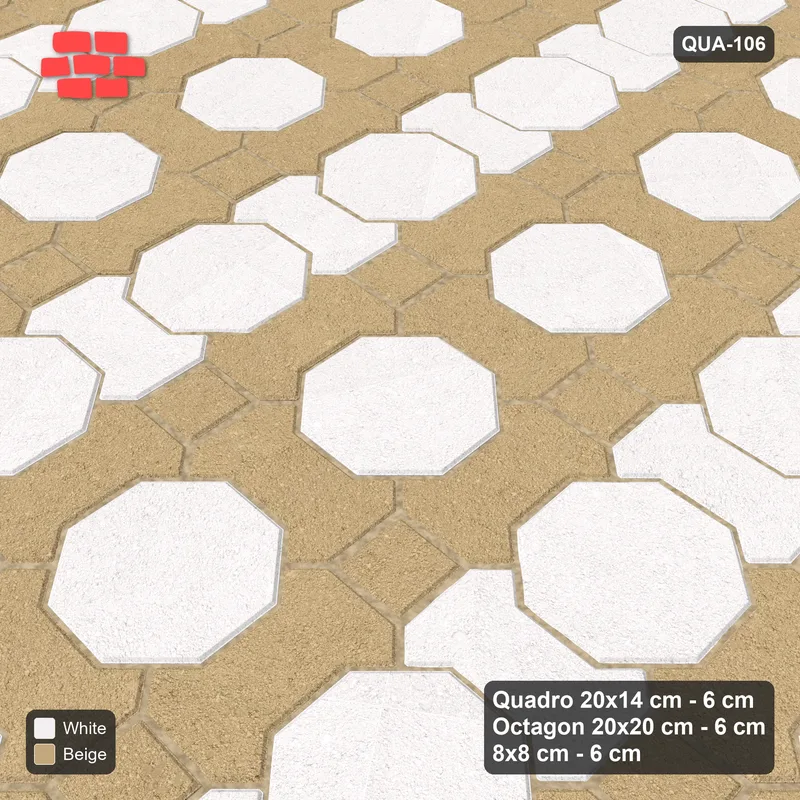Interlock (Pasco) 20x14 cm · QUA-106 · Quadro-Octagon-8x8 grid, alternating Quadro files (Ivory & Sand), no kerb · Side view Interlock (Pasco) 20x14 cm · QUA-106 · Quadro-Octagon-8x8 grid, alternating Quadro files (Ivory & Sand), no kerb · Side view