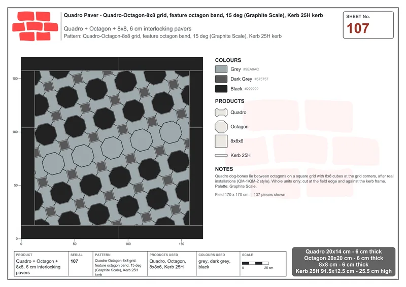 Interlock (Pasco) 20x14 cm · QUA-107 · Quadro-Octagon-8x8 grid, feature octagon band, 15 deg (Graphite Scale), Kerb 25H kerb · Laying plan