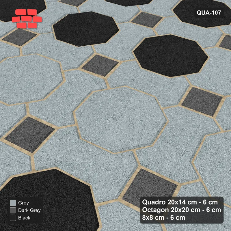 Interlock (Pasco) 20x14 cm · QUA-107 · Quadro-Octagon-8x8 grid, feature octagon band, 15 deg (Graphite Scale), Kerb 25H kerb · Side view Interlock (Pasco) 20x14 cm · QUA-107 · Quadro-Octagon-8x8 grid, feature octagon band, 15 deg (Graphite Scale), Kerb 25H kerb · Side view