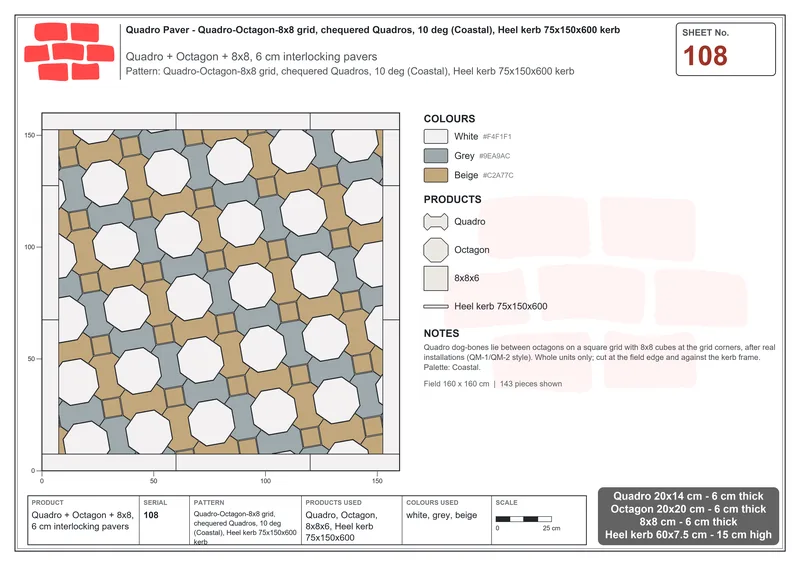 Interlock (Pasco) 20x14 cm · QUA-108 · Quadro-Octagon-8x8 grid, chequered Quadros, 10 deg (Coastal), Heel kerb 75x150x600 kerb · Laying plan