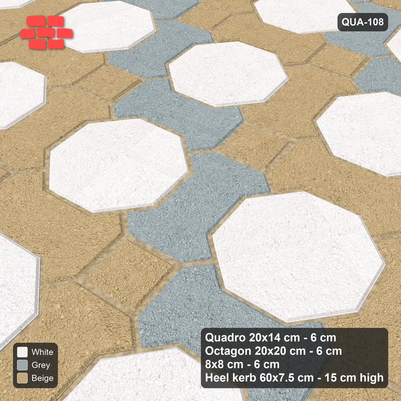 Interlock (Pasco) 20x14 cm · QUA-108 · Quadro-Octagon-8x8 grid, chequered Quadros, 10 deg (Coastal), Heel kerb 75x150x600 kerb · Side view Interlock (Pasco) 20x14 cm · QUA-108 · Quadro-Octagon-8x8 grid, chequered Quadros, 10 deg (Coastal), Heel kerb 75x150x600 kerb · Side view