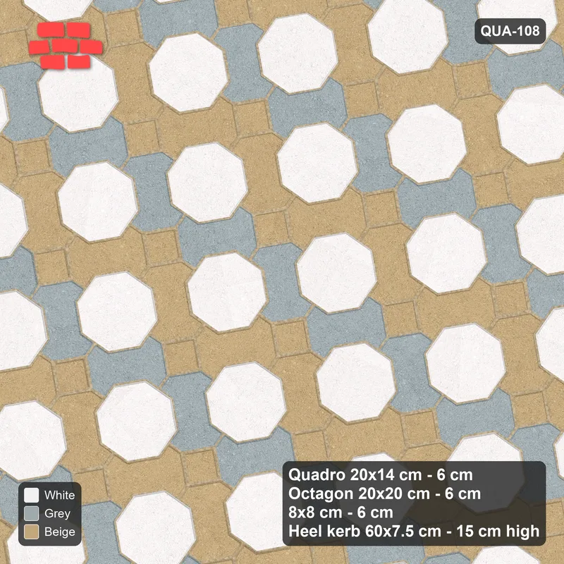 Interlock (Pasco) 20x14 cm · QUA-108 · Quadro-Octagon-8x8 grid, chequered Quadros, 10 deg (Coastal), Heel kerb 75x150x600 kerb · Top view Interlock (Pasco) 20x14 cm · QUA-108 · Quadro-Octagon-8x8 grid, chequered Quadros, 10 deg (Coastal), Heel kerb 75x150x600 kerb · Top view