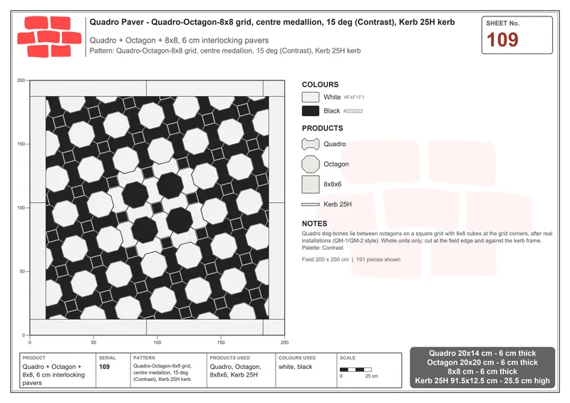 Interlock (Pasco) 20x14 cm · QUA-109 · Quadro-Octagon-8x8 grid, centre medallion, 15 deg (Contrast), Kerb 25H kerb · Laying plan