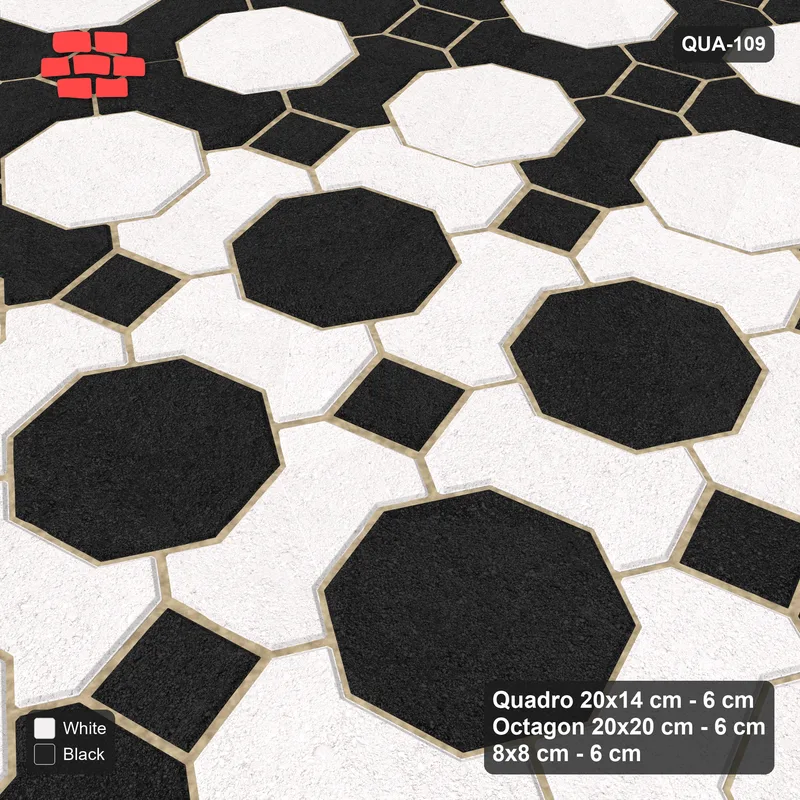 Interlock (Pasco) 20x14 cm · QUA-109 · Quadro-Octagon-8x8 grid, centre medallion, 15 deg (Contrast), Kerb 25H kerb · Side view Interlock (Pasco) 20x14 cm · QUA-109 · Quadro-Octagon-8x8 grid, centre medallion, 15 deg (Contrast), Kerb 25H kerb · Side view