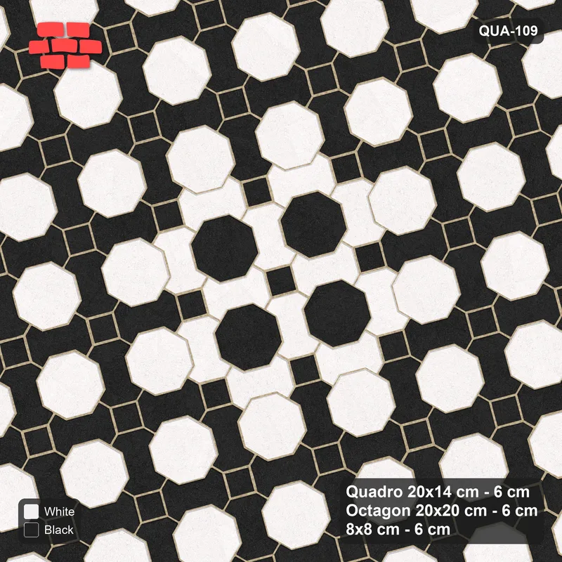 Interlock (Pasco) 20x14 cm · QUA-109 · Quadro-Octagon-8x8 grid, centre medallion, 15 deg (Contrast), Kerb 25H kerb · Top view Interlock (Pasco) 20x14 cm · QUA-109 · Quadro-Octagon-8x8 grid, centre medallion, 15 deg (Contrast), Kerb 25H kerb · Top view