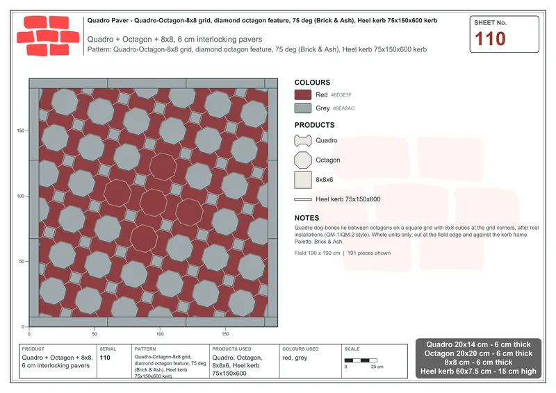 Interlock (Pasco) 20x14 cm · QUA-110 · Quadro-Octagon-8x8 grid, diamond octagon feature, 75 deg (Brick & Ash), Heel kerb 75x150x600 kerb · Laying plan