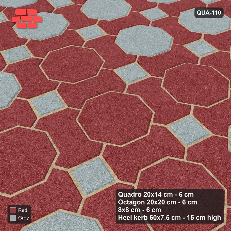 Interlock (Pasco) 20x14 cm · QUA-110 · Quadro-Octagon-8x8 grid, diamond octagon feature, 75 deg (Brick & Ash), Heel kerb 75x150x600 kerb · Side view Interlock (Pasco) 20x14 cm · QUA-110 · Quadro-Octagon-8x8 grid, diamond octagon feature, 75 deg (Brick & Ash), Heel kerb 75x150x600 kerb · Side view