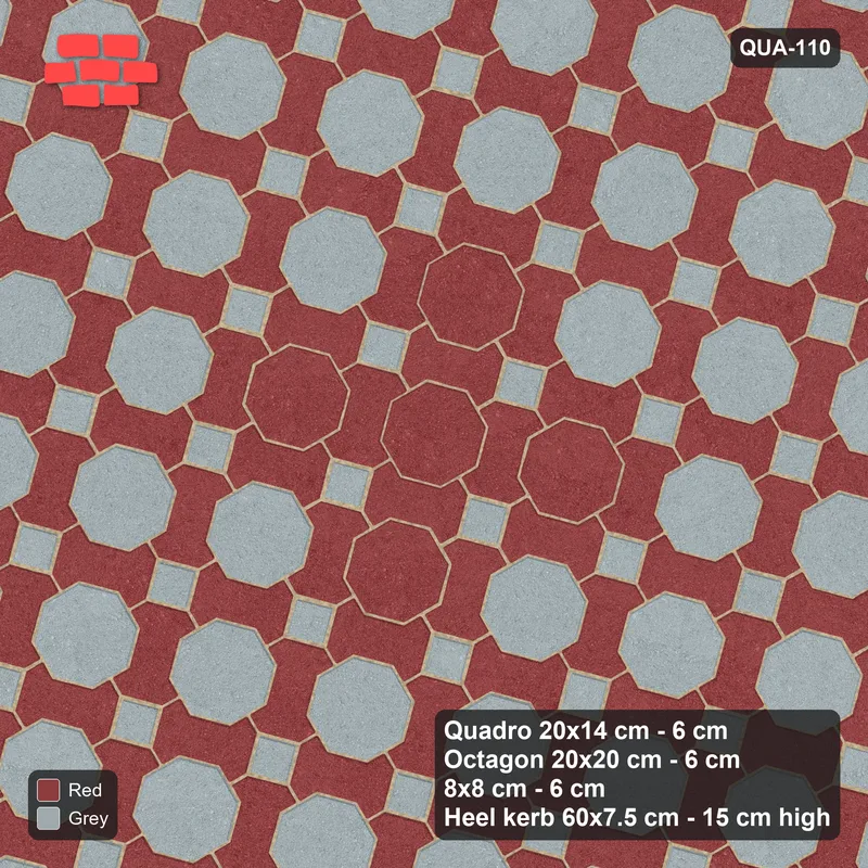 Interlock (Pasco) 20x14 cm · QUA-110 · Quadro-Octagon-8x8 grid, diamond octagon feature, 75 deg (Brick & Ash), Heel kerb 75x150x600 kerb · Top view Interlock (Pasco) 20x14 cm · QUA-110 · Quadro-Octagon-8x8 grid, diamond octagon feature, 75 deg (Brick & Ash), Heel kerb 75x150x600 kerb · Top view