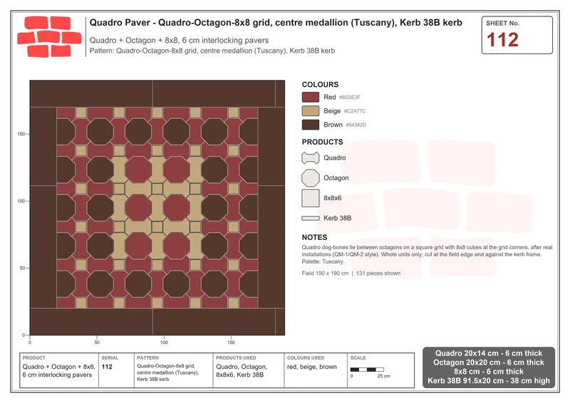 Interlock (Pasco) 20x14 cm · QUA-112 · Quadro-Octagon-8x8 grid, centre medallion (Tuscany), Kerb 38B kerb · Laying plan