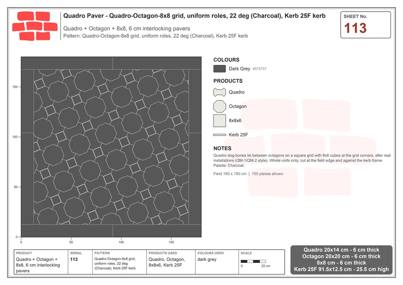 Interlock (Pasco) 20x14 cm · QUA-113 · Quadro-Octagon-8x8 grid, uniform roles, 22 deg (Charcoal), Kerb 25F kerb · Laying plan