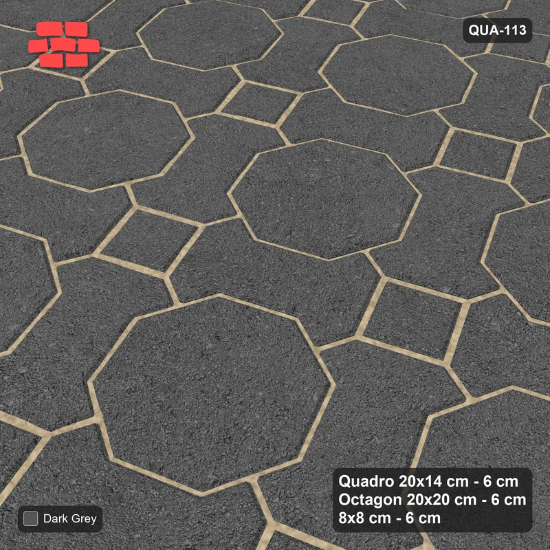 Interlock (Pasco) 20x14 cm · QUA-113 · Quadro-Octagon-8x8 grid, uniform roles, 22 deg (Charcoal), Kerb 25F kerb · Side view Interlock (Pasco) 20x14 cm · QUA-113 · Quadro-Octagon-8x8 grid, uniform roles, 22 deg (Charcoal), Kerb 25F kerb · Side view