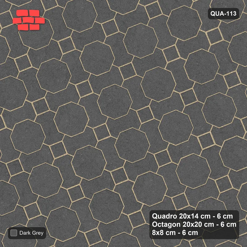Interlock (Pasco) 20x14 cm · QUA-113 · Quadro-Octagon-8x8 grid, uniform roles, 22 deg (Charcoal), Kerb 25F kerb · Top view Interlock (Pasco) 20x14 cm · QUA-113 · Quadro-Octagon-8x8 grid, uniform roles, 22 deg (Charcoal), Kerb 25F kerb · Top view