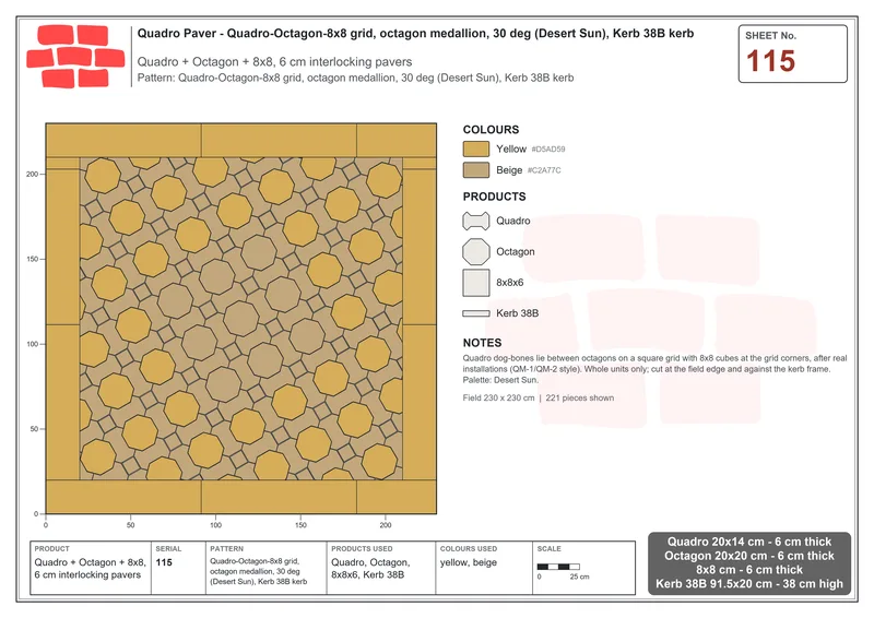 Interlock (Pasco) 20x14 cm · QUA-115 · Quadro-Octagon-8x8 grid, octagon medallion, 30 deg (Desert Sun), Kerb 38B kerb · Laying plan