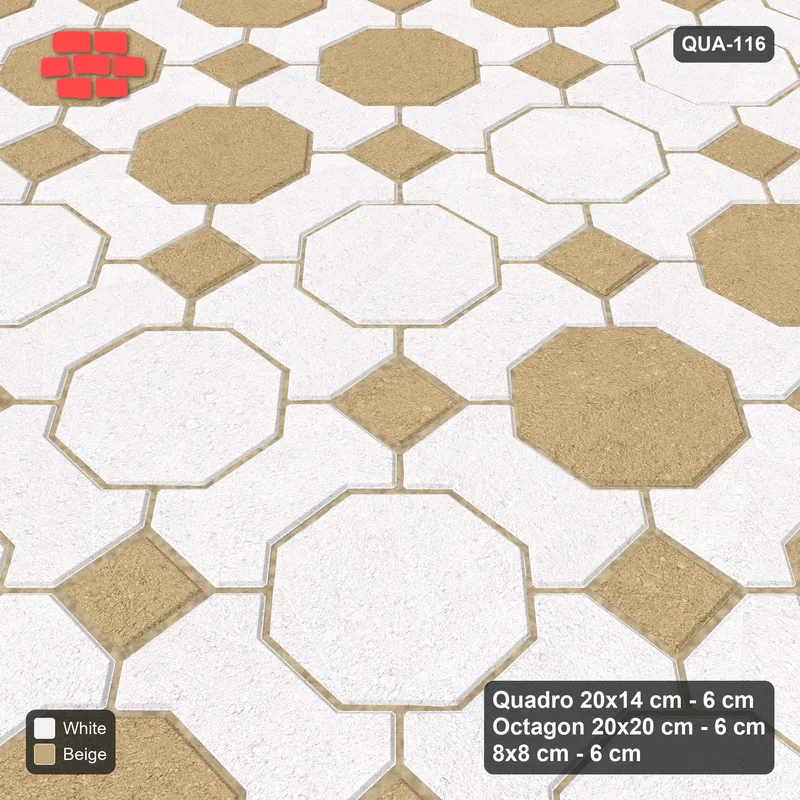 Interlock (Pasco) 20x14 cm · QUA-116 · Quadro-Octagon-8x8 grid, octagon cross (Ivory & Sand), Kerb 25F kerb · Side view Interlock (Pasco) 20x14 cm · QUA-116 · Quadro-Octagon-8x8 grid, octagon cross (Ivory & Sand), Kerb 25F kerb · Side view