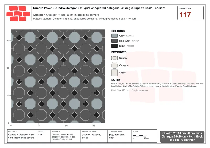 Interlock (Pasco) 20x14 cm · QUA-117 · Quadro-Octagon-8x8 grid, chequered octagons, 45 deg (Graphite Scale), no kerb · Laying plan