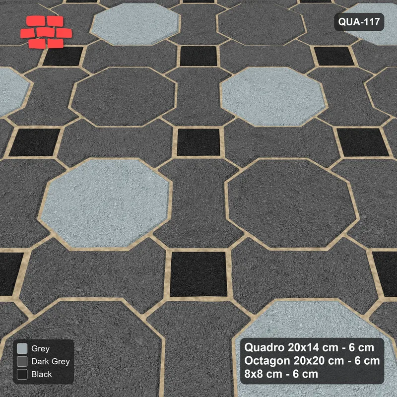 Interlock (Pasco) 20x14 cm · QUA-117 · Quadro-Octagon-8x8 grid, chequered octagons, 45 deg (Graphite Scale), no kerb · Side view Interlock (Pasco) 20x14 cm · QUA-117 · Quadro-Octagon-8x8 grid, chequered octagons, 45 deg (Graphite Scale), no kerb · Side view