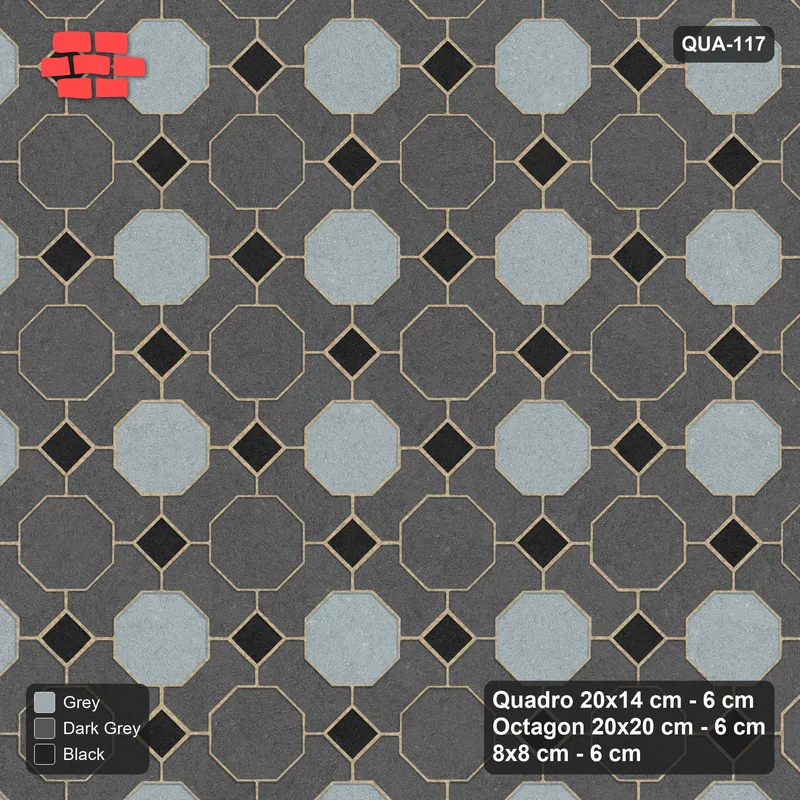 Interlock (Pasco) 20x14 cm · QUA-117 · Quadro-Octagon-8x8 grid, chequered octagons, 45 deg (Graphite Scale), no kerb · Top view Interlock (Pasco) 20x14 cm · QUA-117 · Quadro-Octagon-8x8 grid, chequered octagons, 45 deg (Graphite Scale), no kerb · Top view