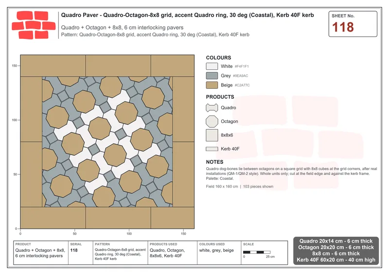 Interlock (Pasco) 20x14 cm · QUA-118 · Quadro-Octagon-8x8 grid, accent Quadro ring, 30 deg (Coastal), Kerb 40F kerb · Laying plan
