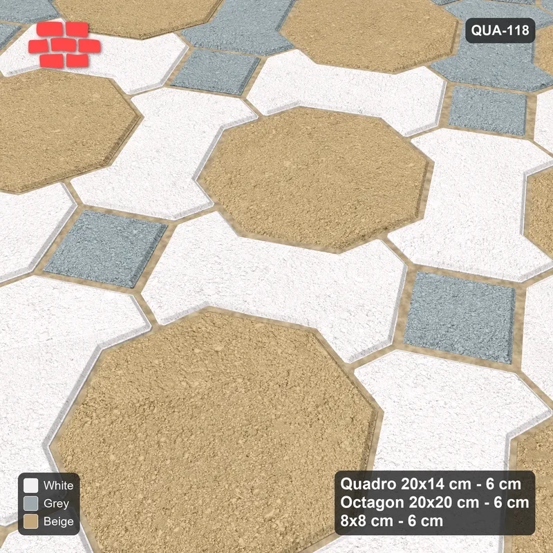 Interlock (Pasco) 20x14 cm · QUA-118 · Quadro-Octagon-8x8 grid, accent Quadro ring, 30 deg (Coastal), Kerb 40F kerb · Side view Interlock (Pasco) 20x14 cm · QUA-118 · Quadro-Octagon-8x8 grid, accent Quadro ring, 30 deg (Coastal), Kerb 40F kerb · Side view