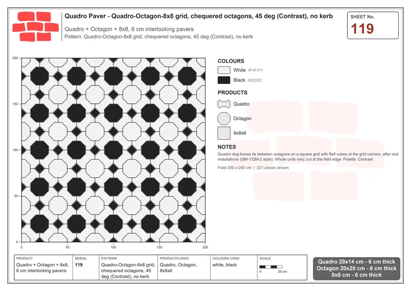 Interlock (Pasco) 20x14 cm · QUA-119 · Quadro-Octagon-8x8 grid, chequered octagons, 45 deg (Contrast), no kerb · Laying plan