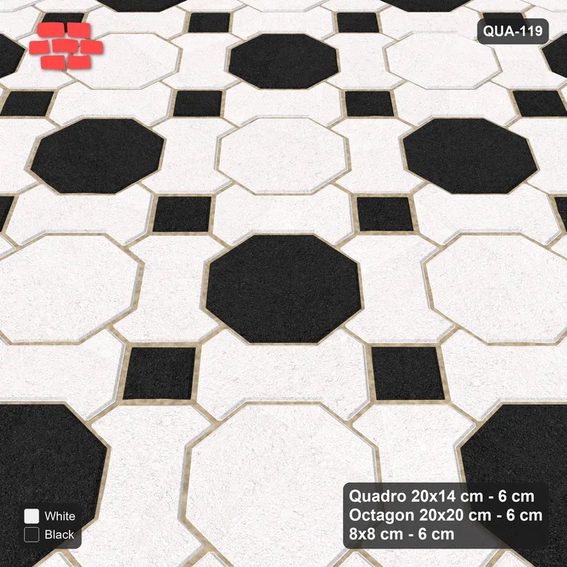 Interlock (Pasco) 20x14 cm · QUA-119 · Quadro-Octagon-8x8 grid, chequered octagons, 45 deg (Contrast), no kerb · Side view Interlock (Pasco) 20x14 cm · QUA-119 · Quadro-Octagon-8x8 grid, chequered octagons, 45 deg (Contrast), no kerb · Side view