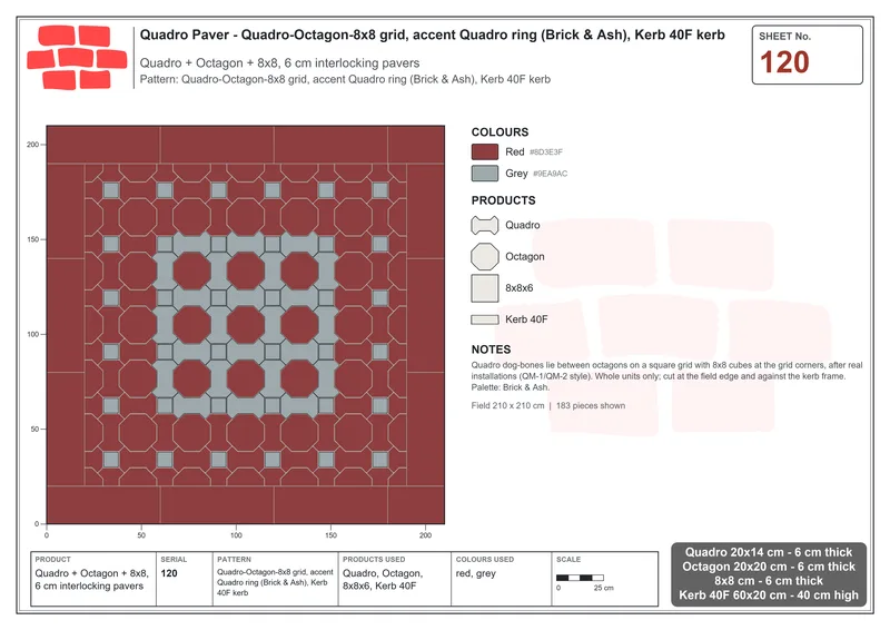 Interlock (Pasco) 20x14 cm · QUA-120 · Quadro-Octagon-8x8 grid, accent Quadro ring (Brick & Ash), Kerb 40F kerb · Laying plan