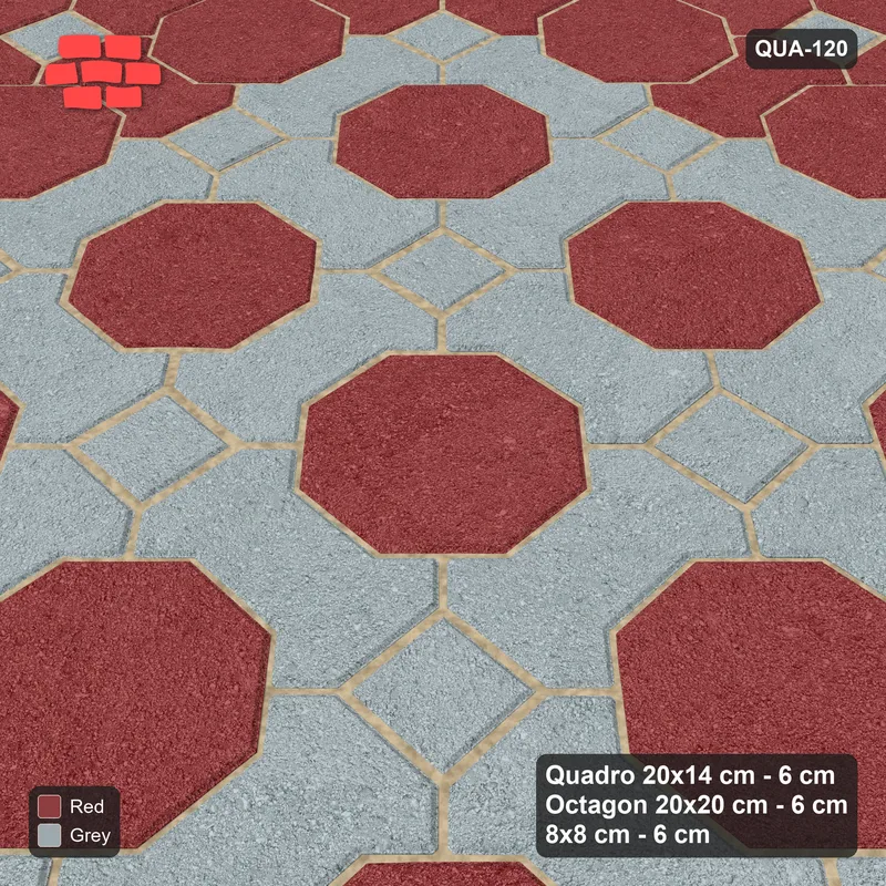 Interlock (Pasco) 20x14 cm · QUA-120 · Quadro-Octagon-8x8 grid, accent Quadro ring (Brick & Ash), Kerb 40F kerb · Side view Interlock (Pasco) 20x14 cm · QUA-120 · Quadro-Octagon-8x8 grid, accent Quadro ring (Brick & Ash), Kerb 40F kerb · Side view