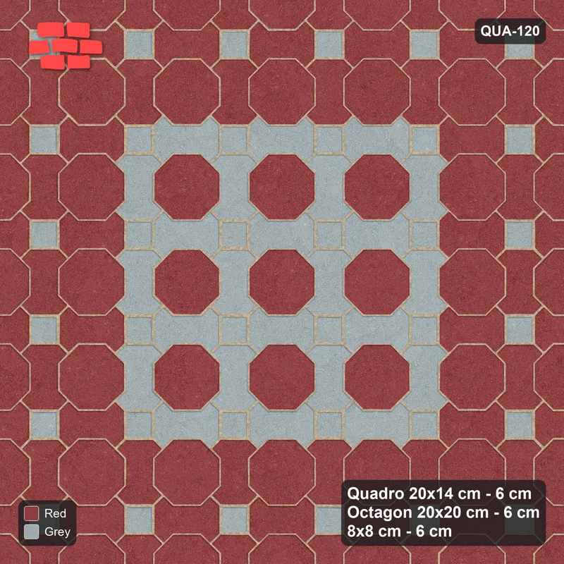 Interlock (Pasco) 20x14 cm · QUA-120 · Quadro-Octagon-8x8 grid, accent Quadro ring (Brick & Ash), Kerb 40F kerb · Top view Interlock (Pasco) 20x14 cm · QUA-120 · Quadro-Octagon-8x8 grid, accent Quadro ring (Brick & Ash), Kerb 40F kerb · Top view