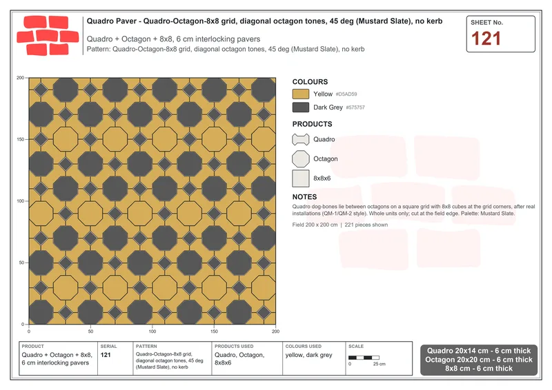 Interlock (Pasco) 20x14 cm · QUA-121 · Quadro-Octagon-8x8 grid, diagonal octagon tones, 45 deg (Mustard Slate), no kerb · Laying plan
