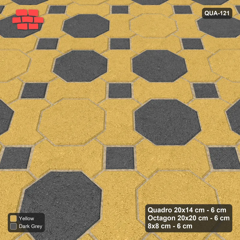 Interlock (Pasco) 20x14 cm · QUA-121 · Quadro-Octagon-8x8 grid, diagonal octagon tones, 45 deg (Mustard Slate), no kerb · Side view Interlock (Pasco) 20x14 cm · QUA-121 · Quadro-Octagon-8x8 grid, diagonal octagon tones, 45 deg (Mustard Slate), no kerb · Side view