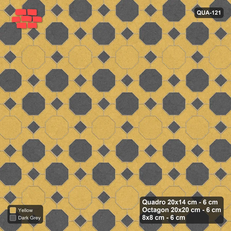 Interlock (Pasco) 20x14 cm · QUA-121 · Quadro-Octagon-8x8 grid, diagonal octagon tones, 45 deg (Mustard Slate), no kerb · Top view Interlock (Pasco) 20x14 cm · QUA-121 · Quadro-Octagon-8x8 grid, diagonal octagon tones, 45 deg (Mustard Slate), no kerb · Top view