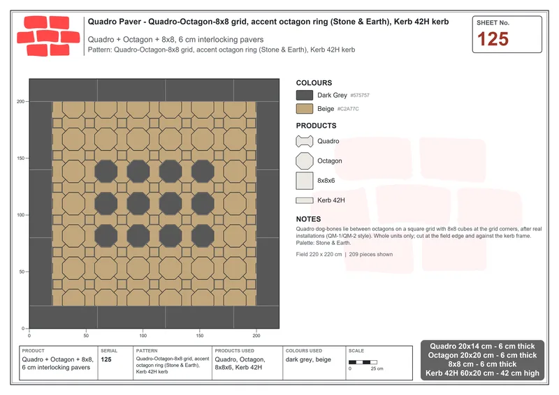 Interlock (Pasco) 20x14 cm · QUA-125 · Quadro-Octagon-8x8 grid, accent octagon ring (Stone & Earth), Kerb 42H kerb · Laying plan