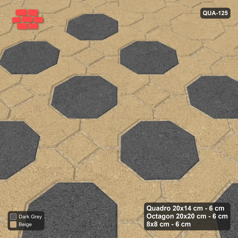 Interlock (Pasco) 20x14 cm · QUA-125 · Quadro-Octagon-8x8 grid, accent octagon ring (Stone & Earth), Kerb 42H kerb · Side view Interlock (Pasco) 20x14 cm · QUA-125 · Quadro-Octagon-8x8 grid, accent octagon ring (Stone & Earth), Kerb 42H kerb · Side view