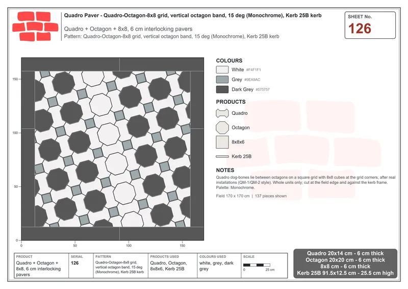 Interlock (Pasco) 20x14 cm · QUA-126 · Quadro-Octagon-8x8 grid, vertical octagon band, 15 deg (Monochrome), Kerb 25B kerb · Laying plan