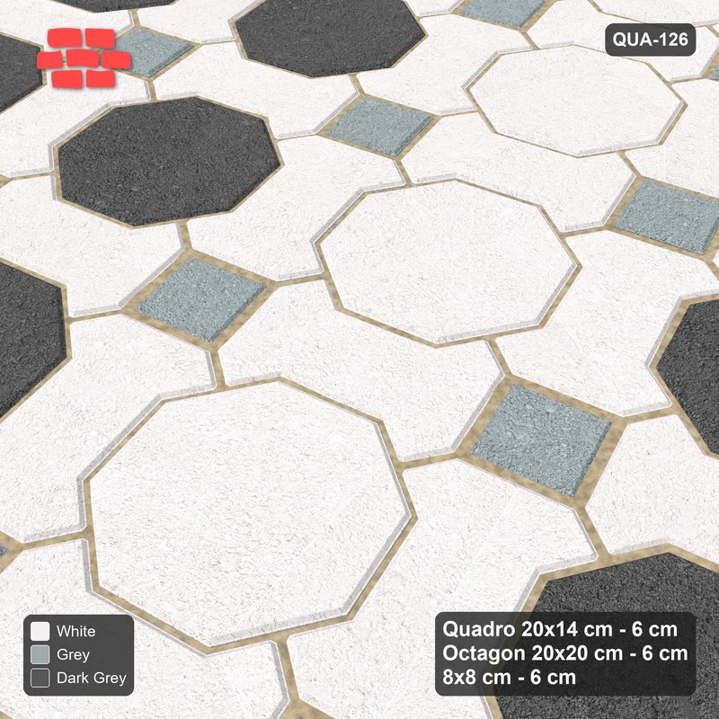 Interlock (Pasco) 20x14 cm · QUA-126 · Quadro-Octagon-8x8 grid, vertical octagon band, 15 deg (Monochrome), Kerb 25B kerb · Side view Interlock (Pasco) 20x14 cm · QUA-126 · Quadro-Octagon-8x8 grid, vertical octagon band, 15 deg (Monochrome), Kerb 25B kerb · Side view