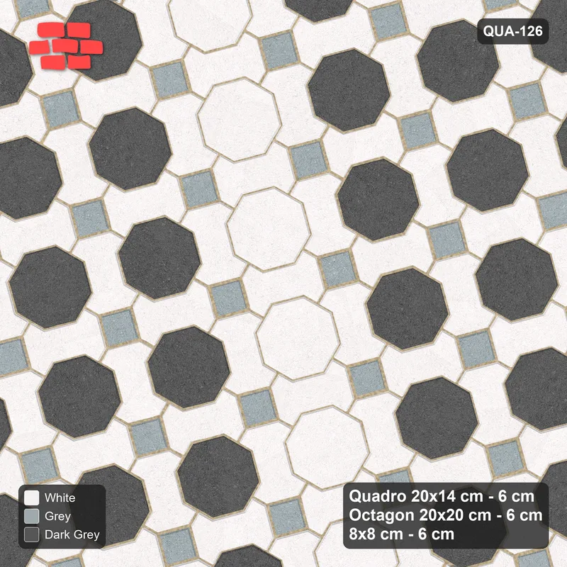 Interlock (Pasco) 20x14 cm · QUA-126 · Quadro-Octagon-8x8 grid, vertical octagon band, 15 deg (Monochrome), Kerb 25B kerb · Top view Interlock (Pasco) 20x14 cm · QUA-126 · Quadro-Octagon-8x8 grid, vertical octagon band, 15 deg (Monochrome), Kerb 25B kerb · Top view