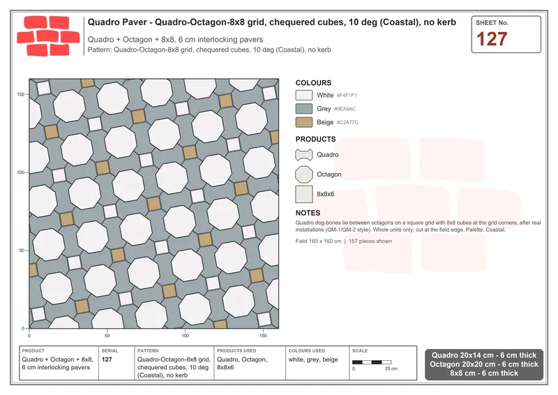 Interlock (Pasco) 20x14 cm · QUA-127 · Quadro-Octagon-8x8 grid, chequered cubes, 10 deg (Coastal), no kerb · Laying plan