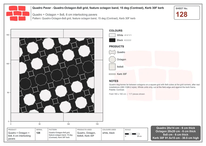 Interlock (Pasco) 20x14 cm · QUA-128 · Quadro-Octagon-8x8 grid, feature octagon band, 15 deg (Contrast), Kerb 30F kerb · Laying plan